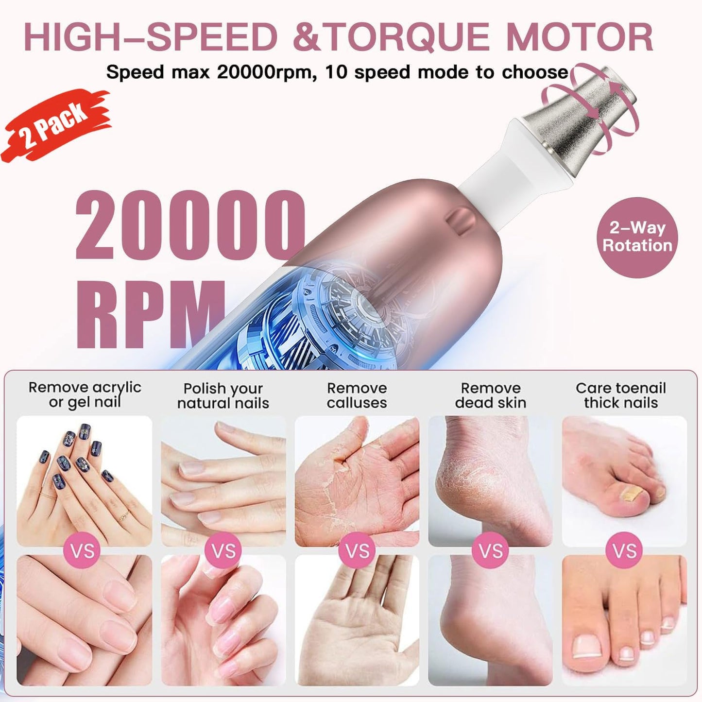 2 Pack 9-in-1 Digital Display Nail Grinder with 100 Sanding Bands - Adjustable Speed Electric Manicure Tool for Acrylic Nails, Callus Removal & Gel Polish - Professional Home Pedicure Kit