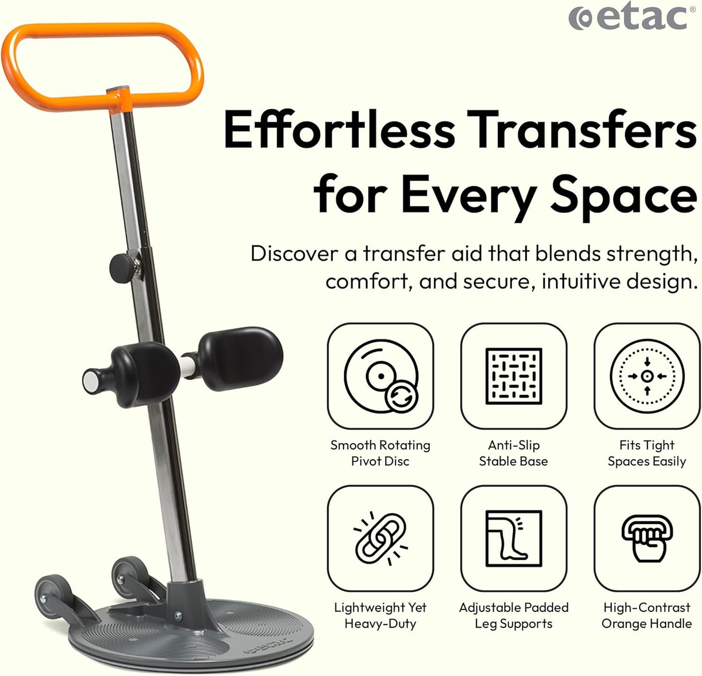 Etac Turner PRO Patient Transfer Aid - Sit to Stand Lift for Elderly with High Safe Working Load (440 lbs) - Patient Lift and Mobility Assist for Safer Transfers with Platform Disc & Anti-Slip Bottom