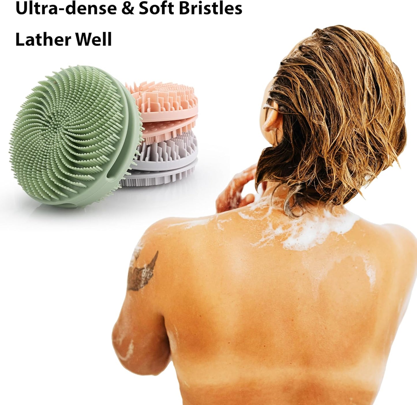 2 PC Silicone Exfoliating Body Scrubber, Silicone Body Shampoo Brush, Soft Silicone Loofah for Sensitive Skin, Shower Silicone Hair Scalp Massager, Easy to Clean, Lather Well(Gray&Green)