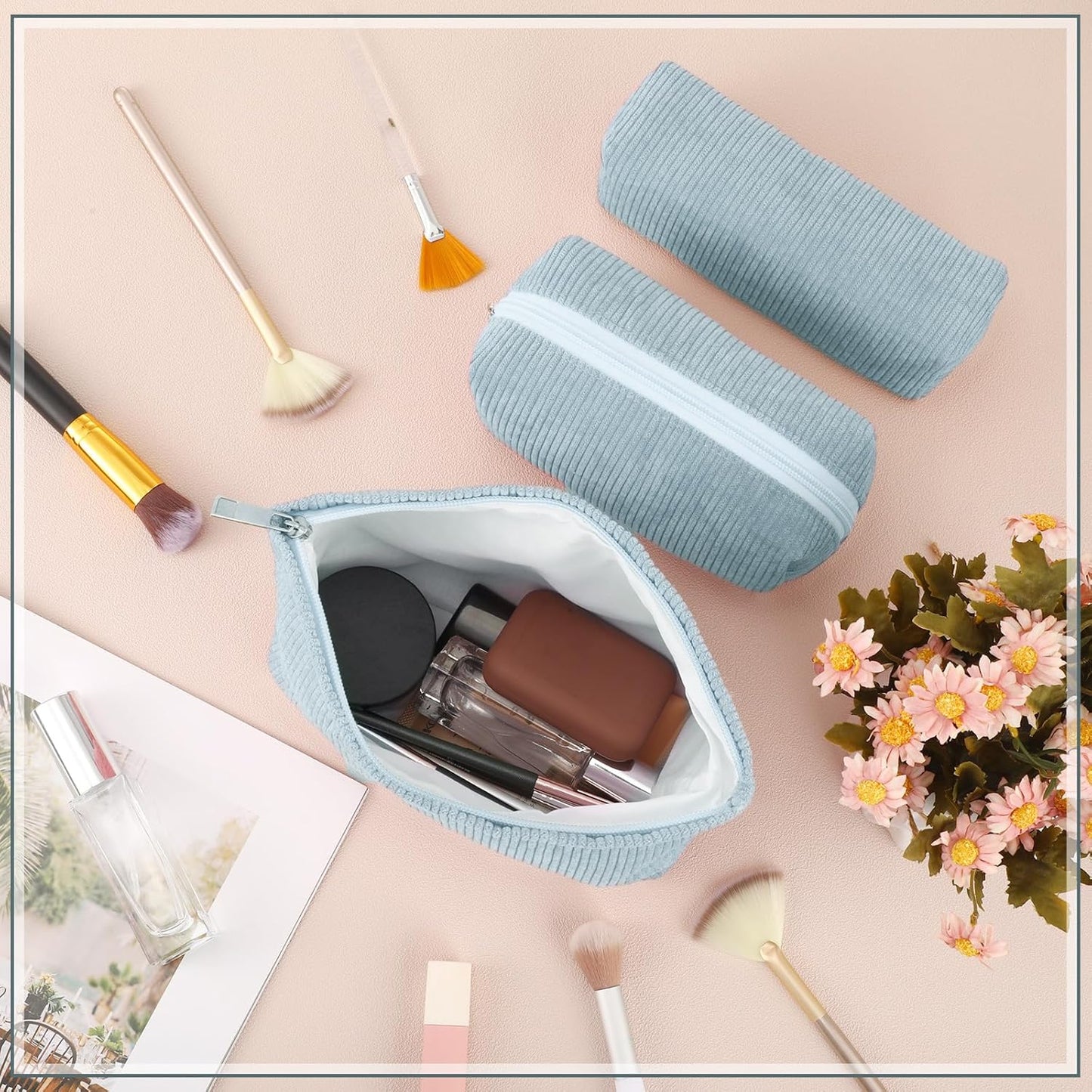 3 Pcs Makeup Bag Set for Women Corduroy Cosmetic Pouch Aesthetic Smile Travel Toiletry Bag Cute Purse Pouch Pencil Case Makeup Brushes Storage Organizer for Christmas(Blue,Solid Style)