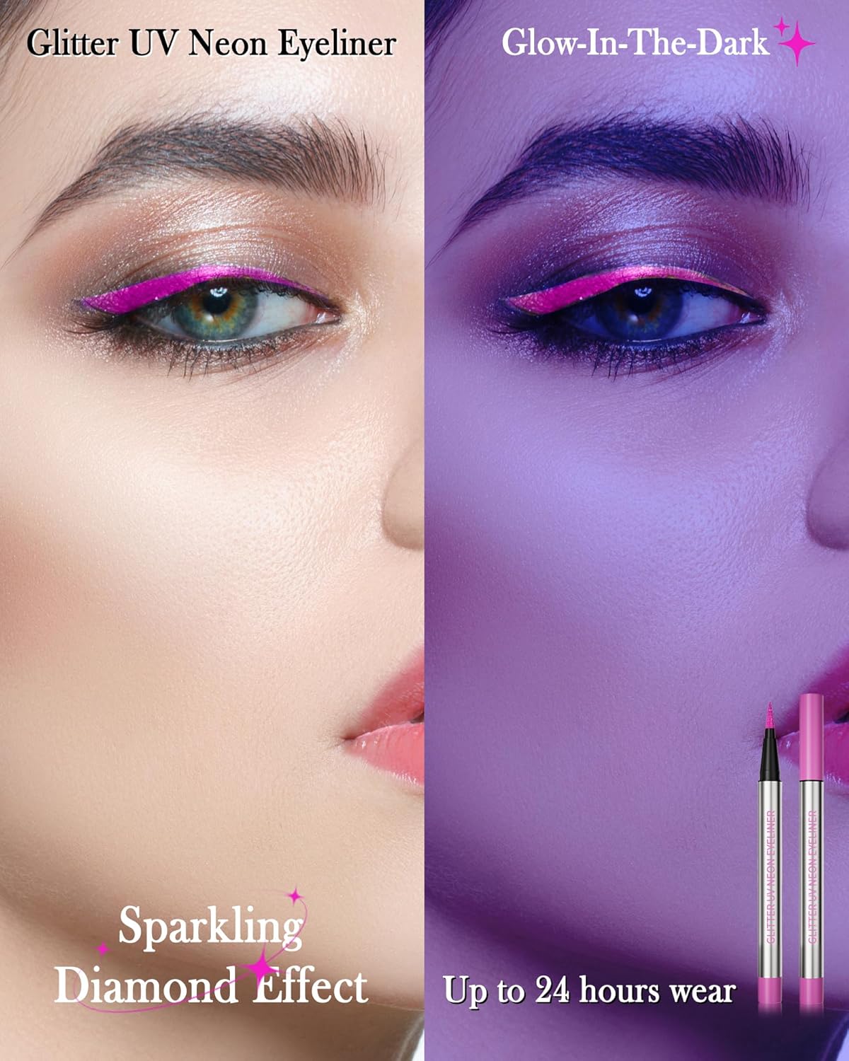 Glitter UV Neon Eyeliner Pencil, Waterproof Smudge-Proof Purple Eye Liner Liquid Pen, High-Pigment Shimmer Eyeliner Pen Long-Lasting Colorful Professional Makeup,Halloween Rave Party Gift for Women-06