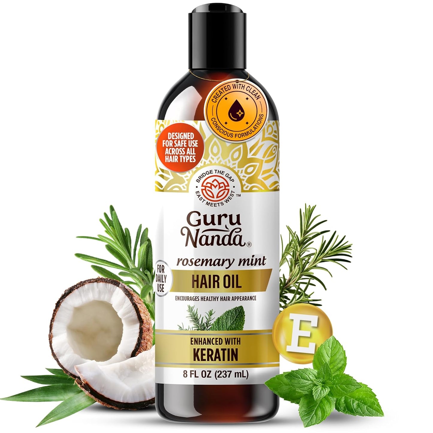 GuruNanda Rosemary Mint for Hair Growth with Keratin & Vitamin E Oil - Encourages Scalp, Shine & Hair Strengthening- 100% Natural, Cruelty-Free, 8oz