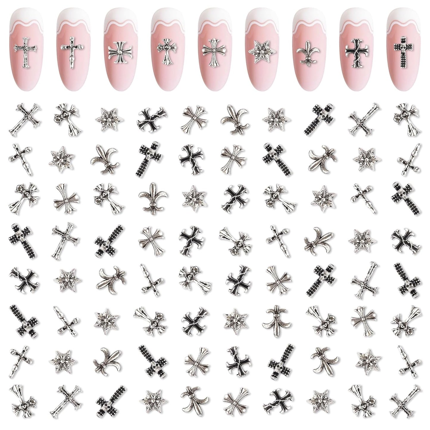 Artdone Nail Art Studs Kit, 3D Silver Cross Nail Charms and Star Gems Bulk Nail Jewels Shiny Crosses for DIY Professional Manicures Decoration