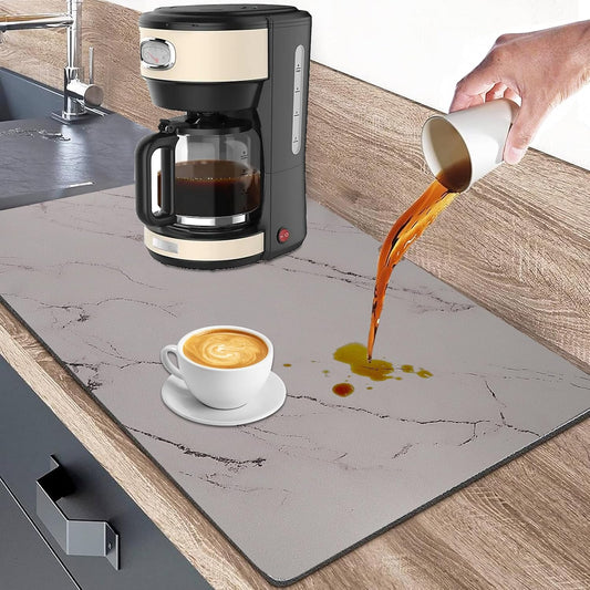 Dish Drying Mats for Kitchen Counter, 24"x16" Absorbent Coffee Bar Mat, Quick Dry Dish Rack Pad with Rubber Backed Non-Slip Marble Pattern Kitchen Counter Dish Draining Mat Easy to Clean (Gray)
