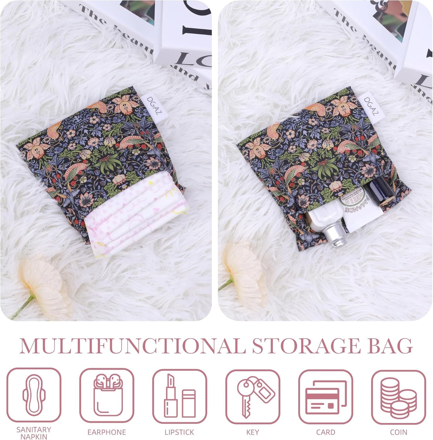 DGAZ Sanitary Napkin Storage Bag, Period Bag for Teen Aged Girls, Portable Period Bag for Panty Liners/Menstrual Cup/Small Tampons，Mini Makeup Bag for Purse(Retro bird)