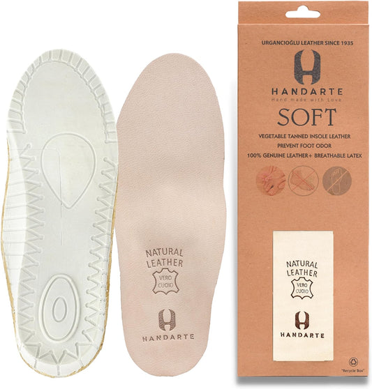 HANDARTE Leather Orthopedic Insoles | Padded Comfort Shoe Inserts for Men | 100% Natural Goatskin - ChromeFree, Anti Sweat & Anti-Odor - Suitable for No-Socks (US M12.5 | EU47)