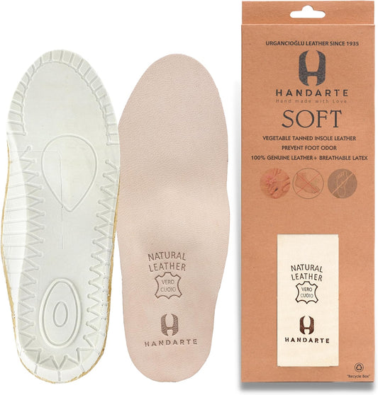 HANDARTE Leather Orthopedic Insoles | Padded Comfort Shoe Inserts for Men/Women | 100% Natural Goatskin - ChromeFree, Anti Sweat & Anti-Odor - Suitable for No-Socks (US W10/M8.5 | EU42)