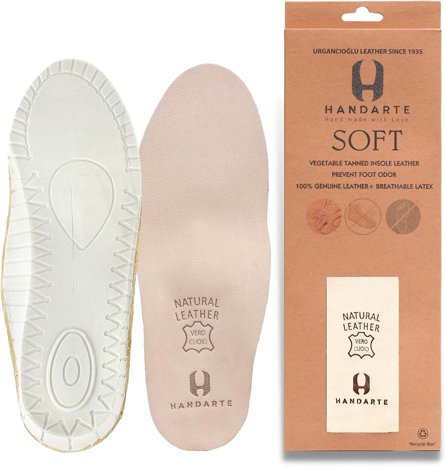 HANDARTE Leather Orthopedic Insoles | Padded Comfort Shoe Inserts for Women | 100% Natural Goatskin - ChromeFree, Anti Sweat & Anti-Odor - Suitable for No-Socks (US W6.5/7 | EU37)