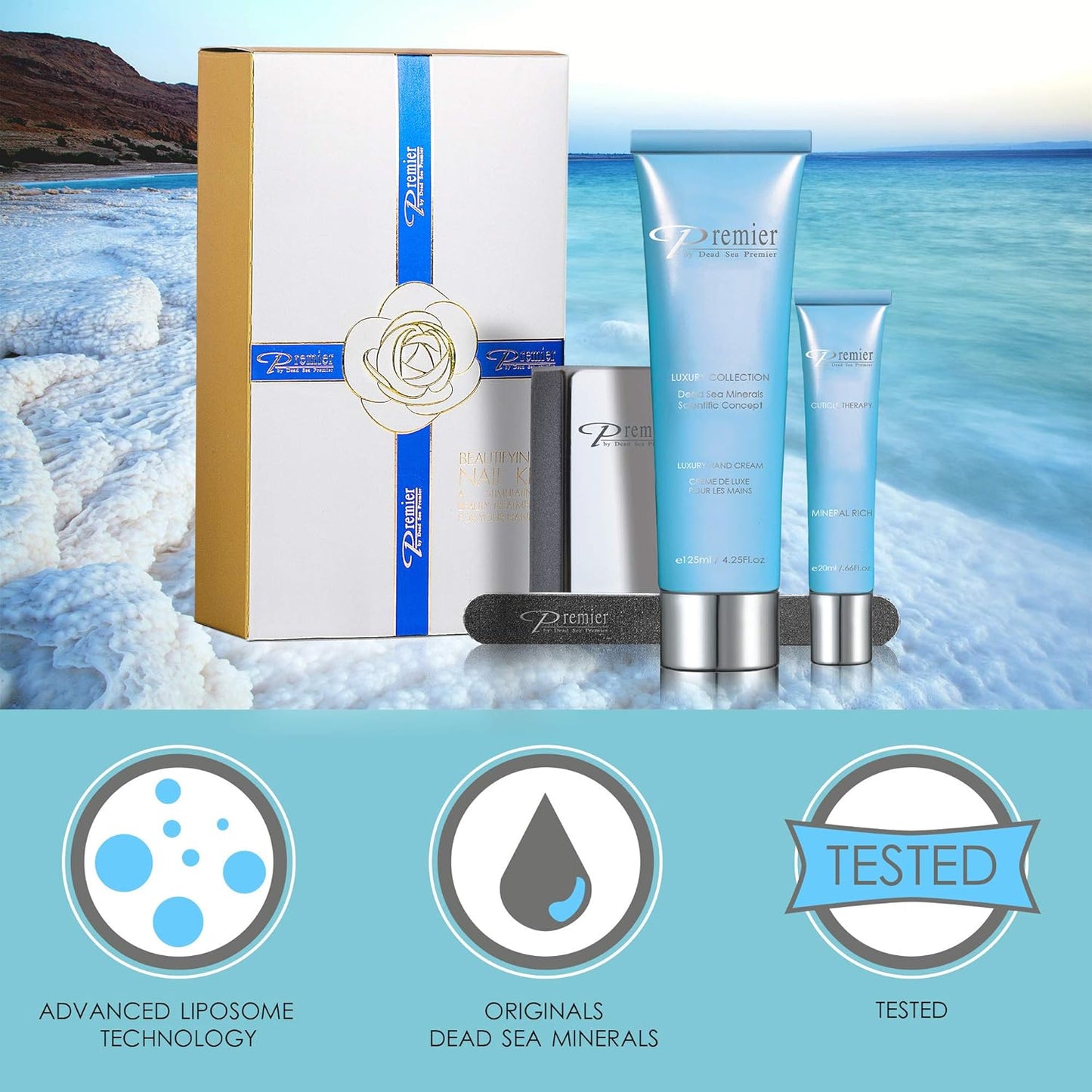 Dead Sea Premier Beautifying Nail Kit Milk and Honey - Salon Quality Manicure, hand & Body Lotion, Cuticle Oil, Nail File, 3 step Buffing Block