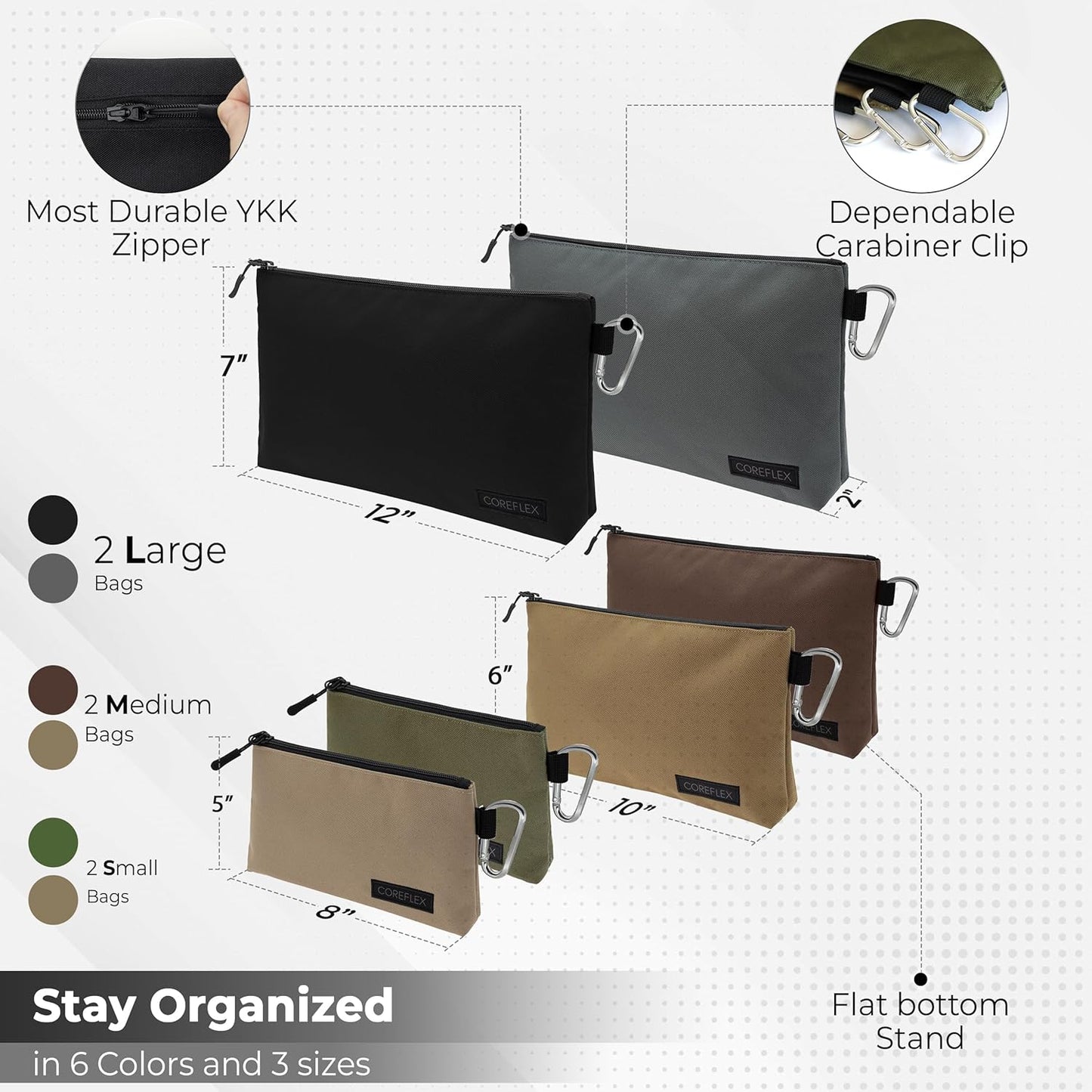 COREFLEX Premium Tool Pouch Zipper Bag, Small Tool Bag, Multipurpose Storage pouch, Heavy duty Flat Bottom Tool bag with YKK Zipper (6 pack Combo mixed size)