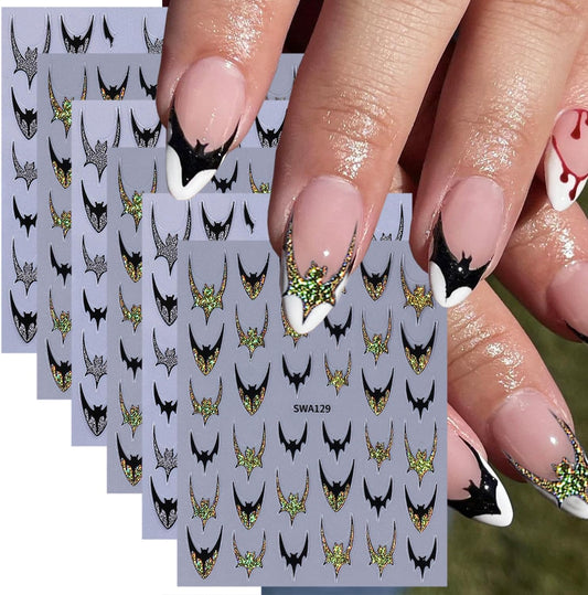 6 Sheets Halloween Nail Stickers for Nail Art Gold Glitter Bat Nail Art Stickers 3D Self-Adhesive Holiday Nail Decals Silver Bat Nail Design Sticker for Women Halloween Manicure Decoration