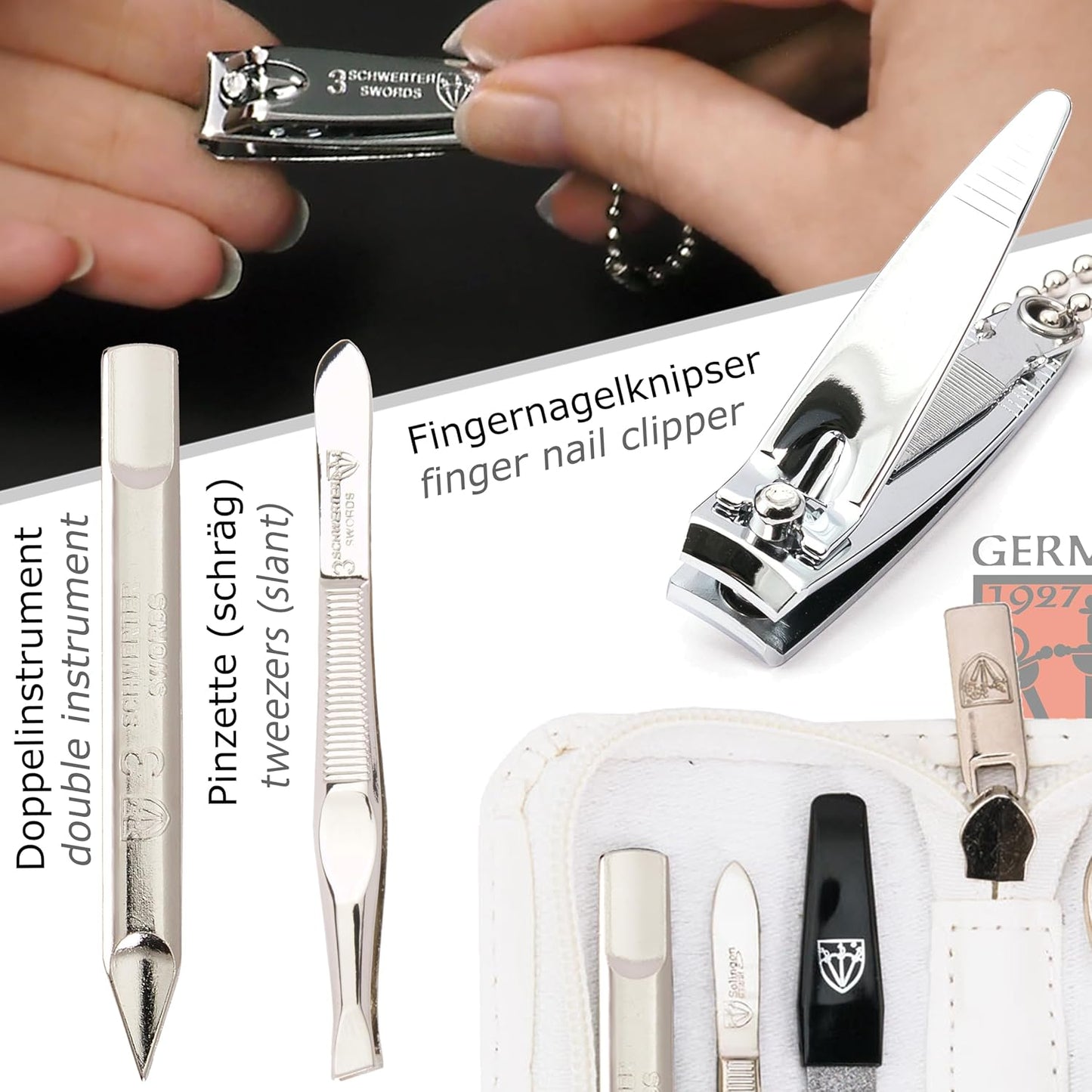 3 Swords Germany - brand quality 5 piece manicure pedicure grooming kit set with synthetic leather case white - Made in Germany