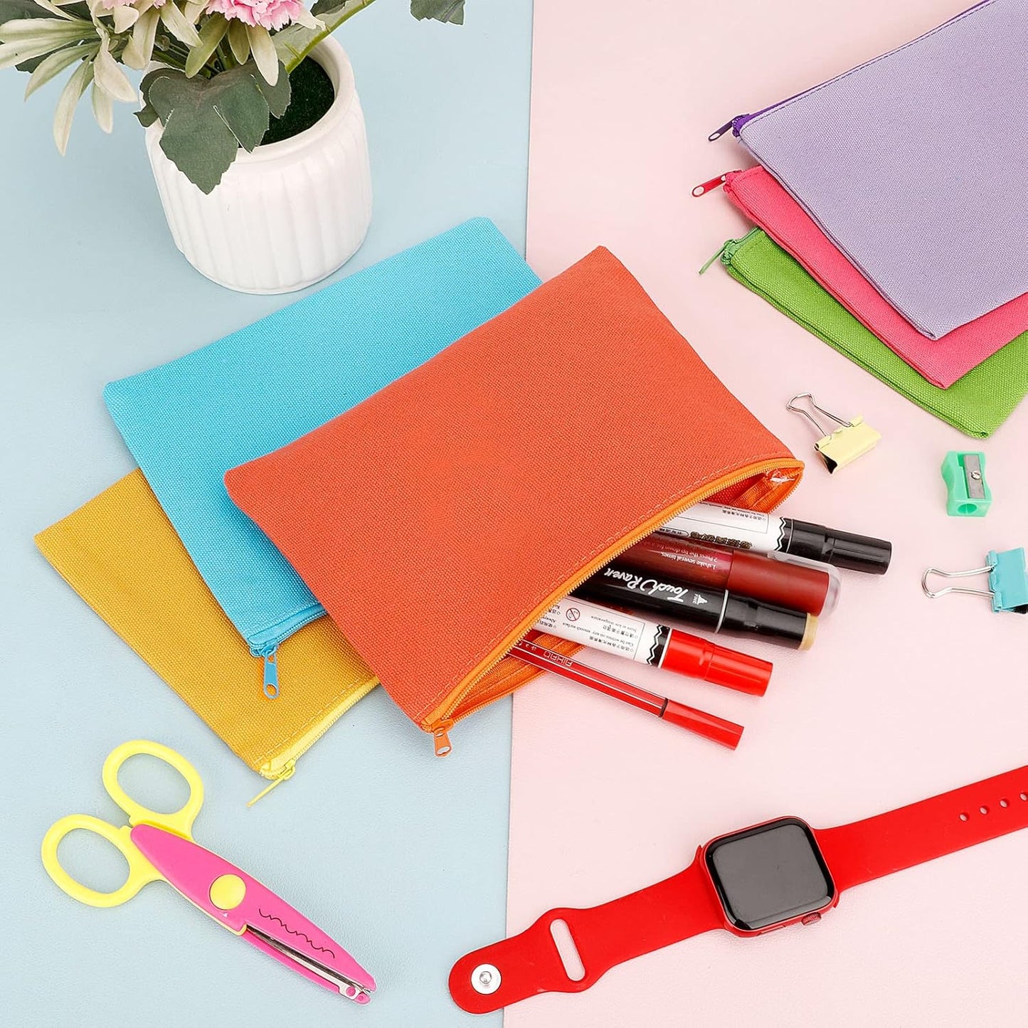 12 Pieces Cotton Canvas Makeup Bag, Multipurpose Cosmetic Bag with Zipper Travel Toiletry Pouch, Blank DIY Craft Bag (Multicolored B, M)