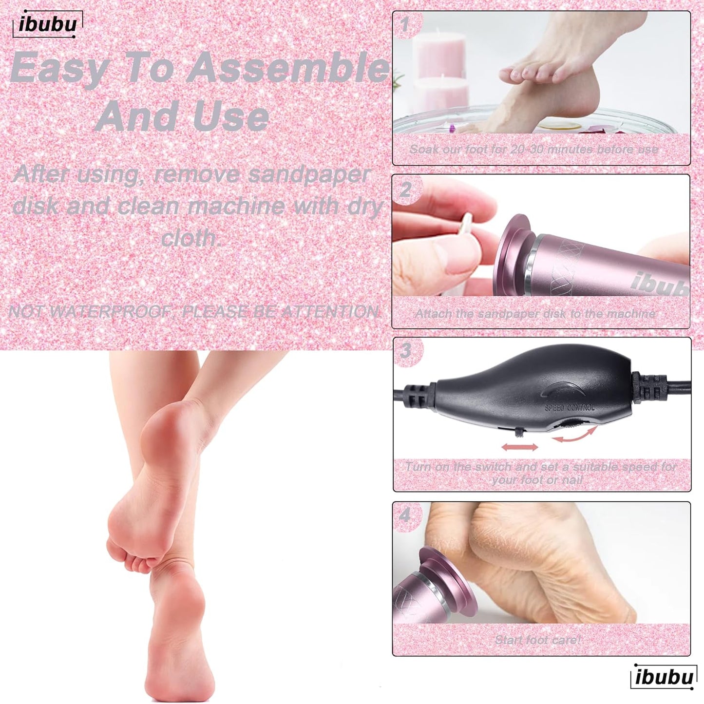 Upgrade Electric Feet Callus Remover Professional Powerful Foot File Pedicure Grinder Sanders 24V Power 1200RPM Speed Adjustable for Dead Dry Crack Skin Calluses (Pink)