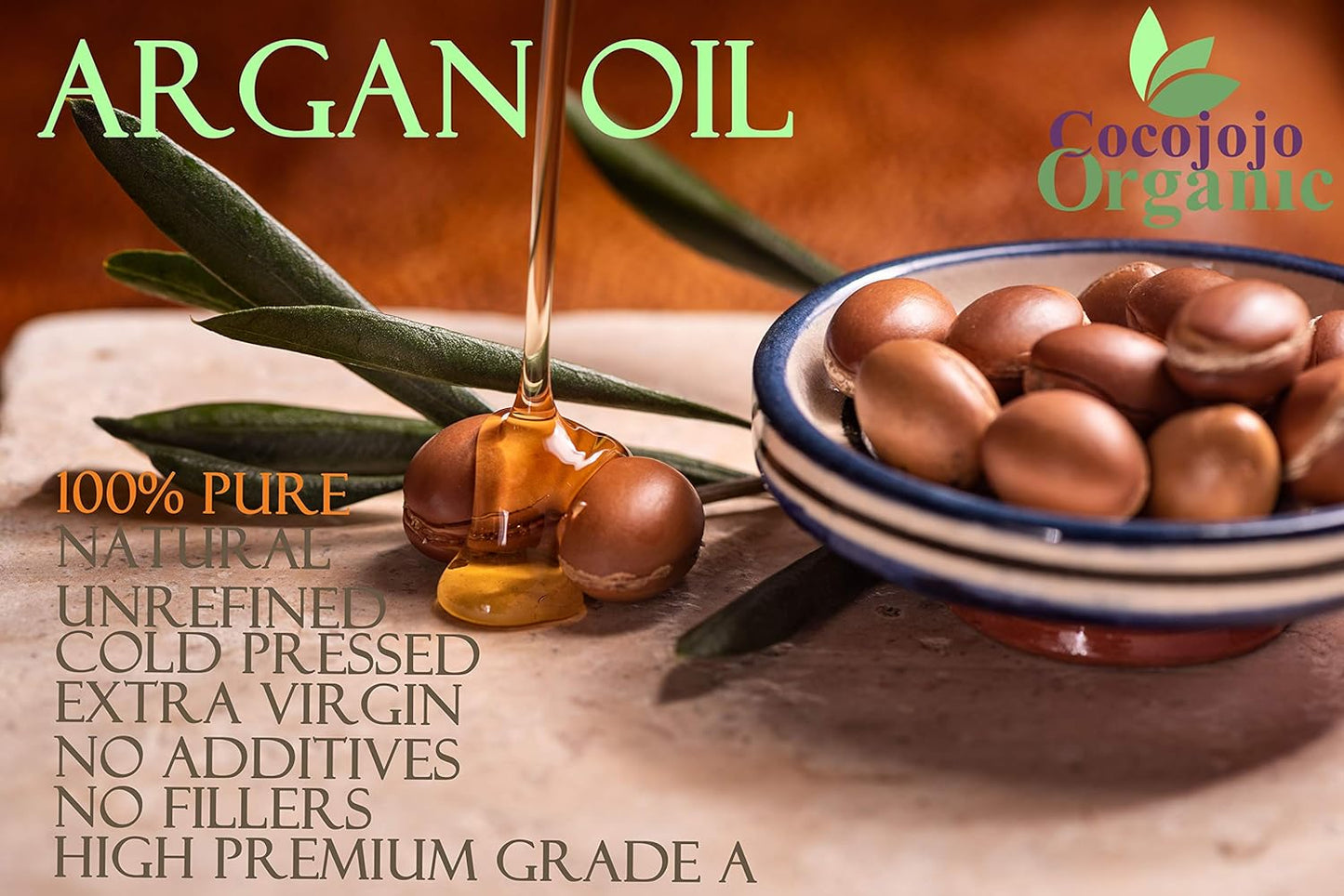 cocojojo Pure Deodorized Argan Oil - All Natural - Moroccan Argan Oil - Filtered to Reduce Smell - Perfect for Skin, Face, Hair, Nails - Reduced Scent - (1 Gallon)