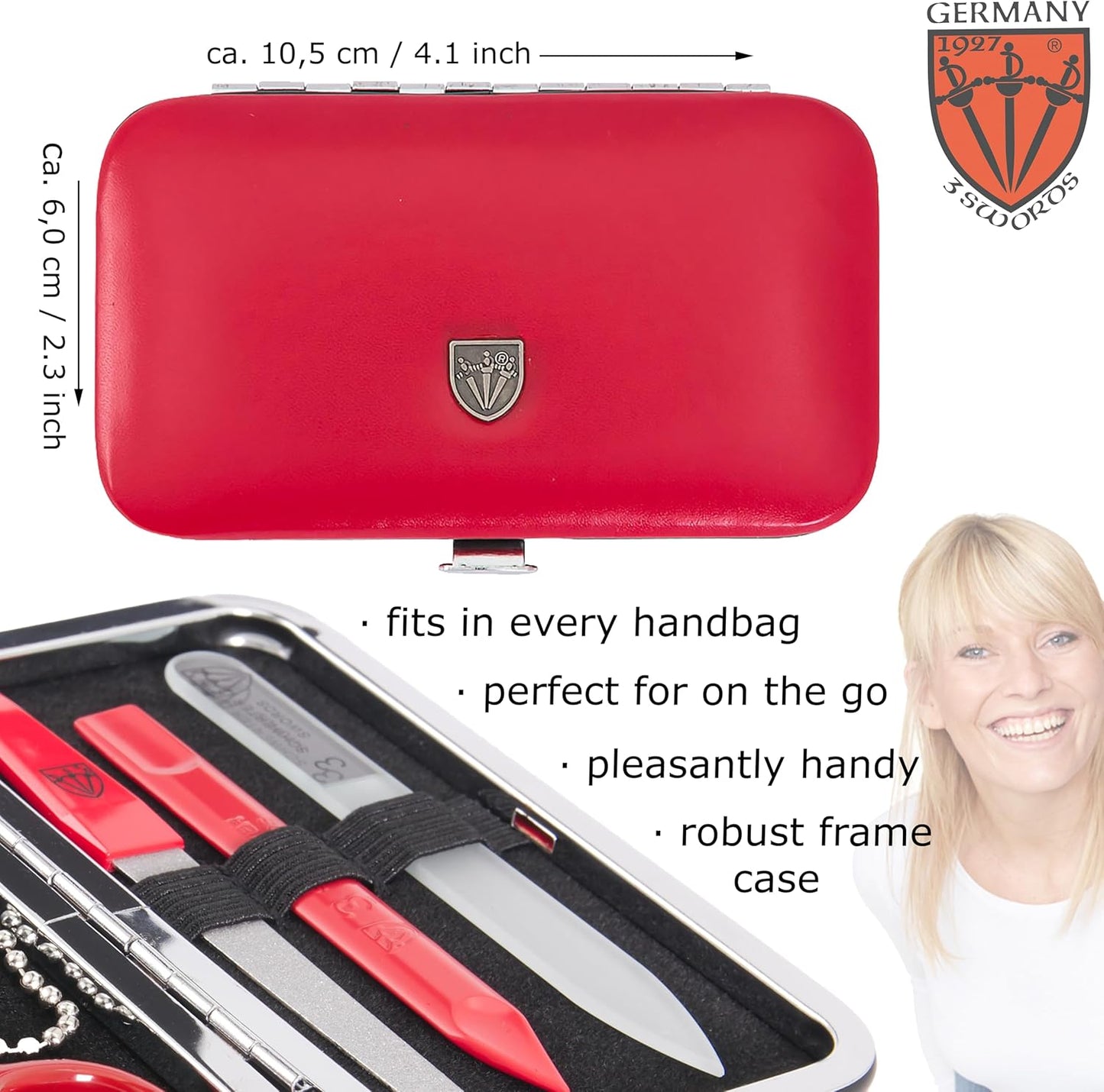 3 Swords Germany - Brand Quality 6 Piece Manicure Pedicure Grooming kit Set - Scissors, Metal and Glass Nail File, Clipper, Tweezers with Synthetic Leather case - red/red Tools