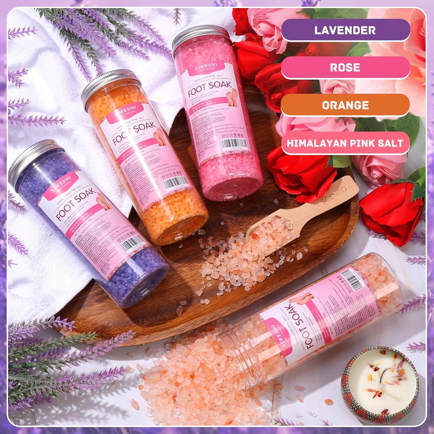 Foot Soak Salts 4 Pack Kit 56 OZ Himalayan Pink Salt Lavender Orange Rose Scent Athletes Itching,Tea Tree Oil Foot Care Pedicure for Women Dead Sea Salt Moisturizing Skin Softens Calluses