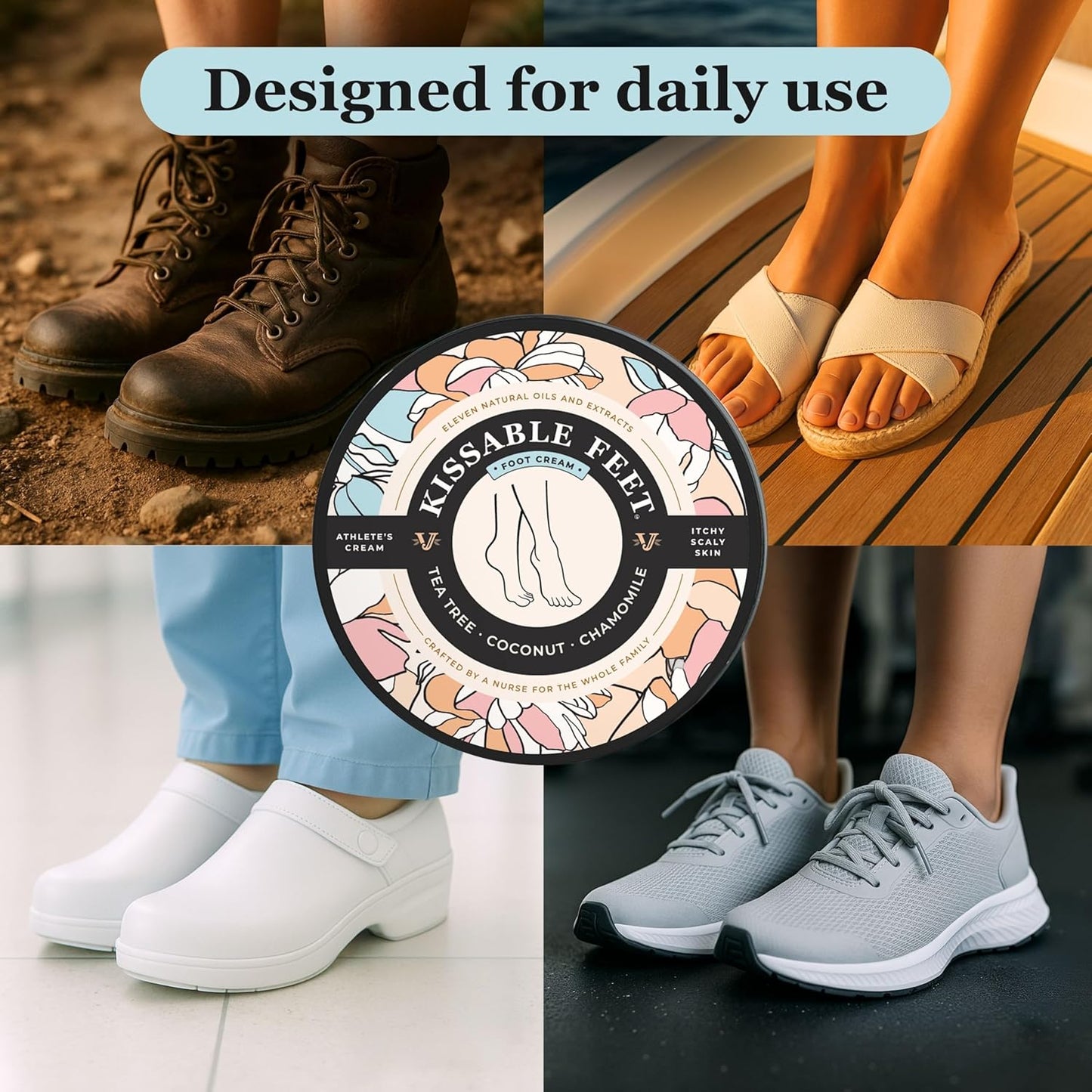 Kissable Feet, Athletes Foot Cream – Cream for Itchy, Dry Skin – Tea Tree, Coconut & Chamomile – Crafted for the Whole Family, No Sting – 3.5 oz