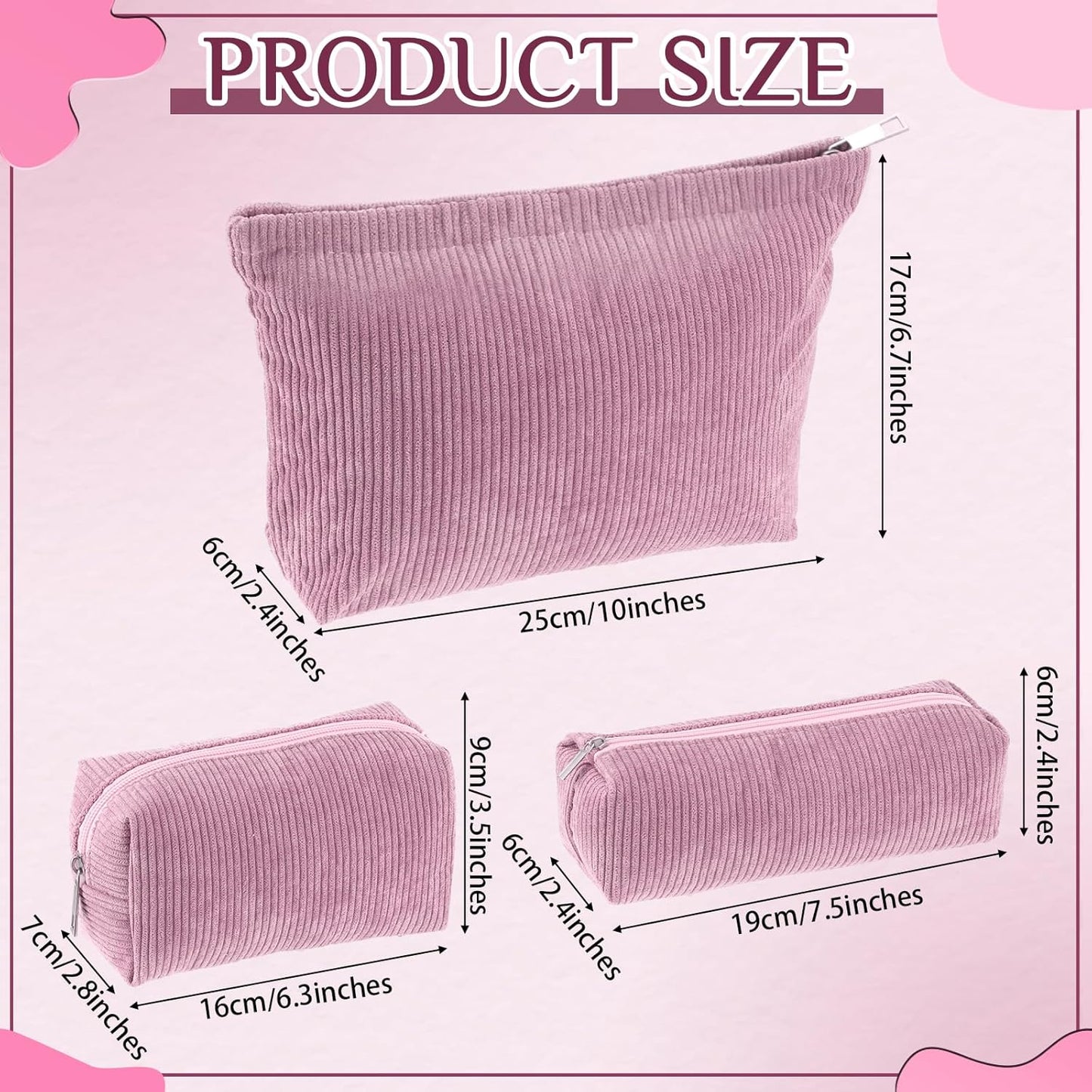 3 Pcs Makeup Bag Set for Women Corduroy Cosmetic Pouch Aesthetic Smile Travel Toiletry Bag Cute Purse Pouch Pencil Case Makeup Brushes Storage Organizer for Christmas(Rose Pink,Solid Style)