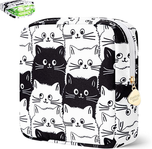 Desing Wish Sanitary Pad Storage Bag Portable Period Bag for Teen Pads/Sanitary Napkins/Small Tampons, Sanitary Napkin Storage Bag First Period Gifts for Teen Girls (Black-White Cats)
