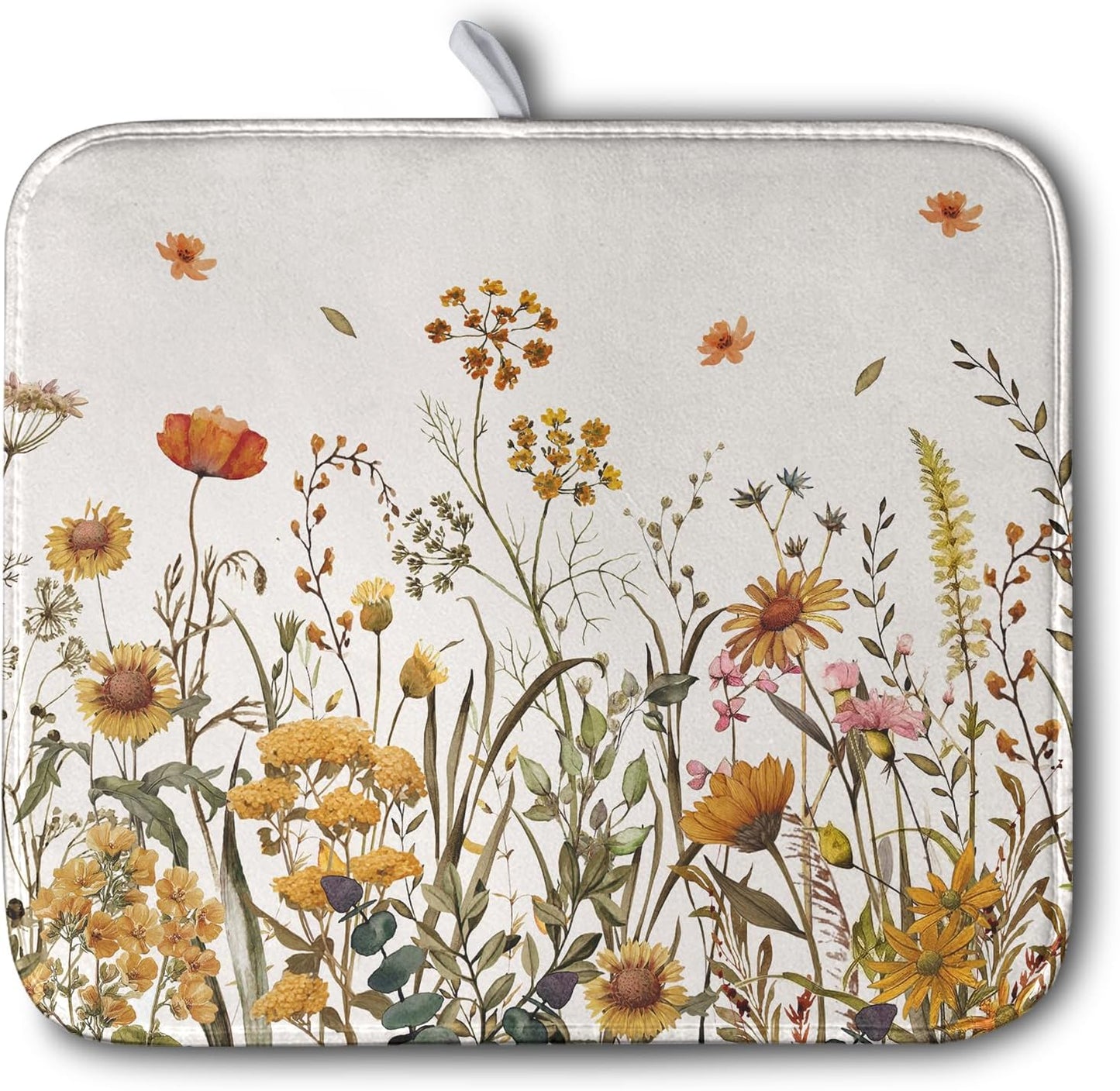 Fall Floral Dish Drying Mat for Kitchen Counter Autumn Burnt Orange Wild Flowers Dish Draining Mat Absorbent Microfiber Dishes Pad Washable Dish Drainer Rack Mat Medium 16"x18"