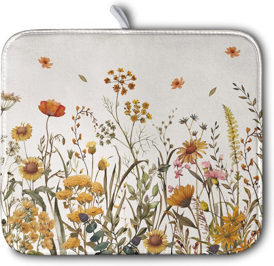 Fall Floral Dish Drying Mat for Kitchen Counter Autumn Burnt Orange Wild Flowers Dish Draining Mat Absorbent Microfiber Dishes Pad Washable Dish Drainer Rack Mat Medium 16"x18"
