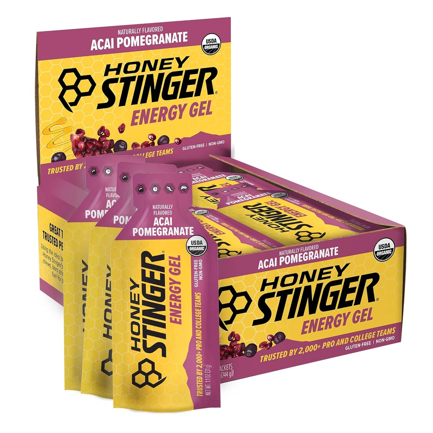 Honey Stinger Organic Acai Pomegranate Energy Gel, Gluten Free & Caffeine Free, for Exercise, Running and Performance, Sports Nutrition for Home & Gym, Pre and Mid Workout, 24 Pack, 26.4 Ounce