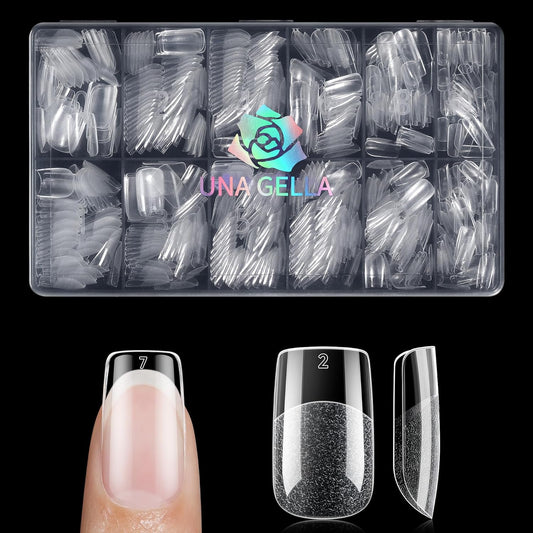 UNA GELLA Short Square Nail Tips, 600PCS Square Gel Nails Tips Pre Etched Full Cover Soft Gel Press on Nails No C Curve For Women Girl DIY French & Chrome Style Salon At Home 12 Sizes