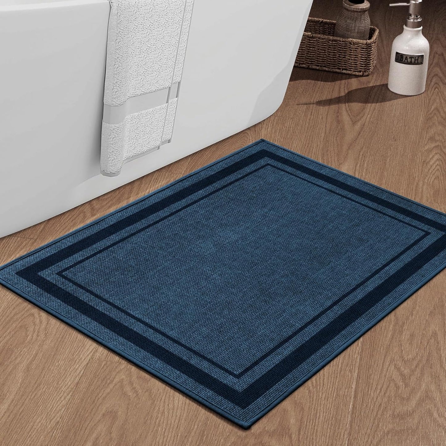 chakme Bathroom Rugs Mat 36x24, Ultra Thin Non Slip Bath Mat Large Quick Dry Absorbent Bath Mat for Bathroom Floor, (Dark Blue, 36"x24")
