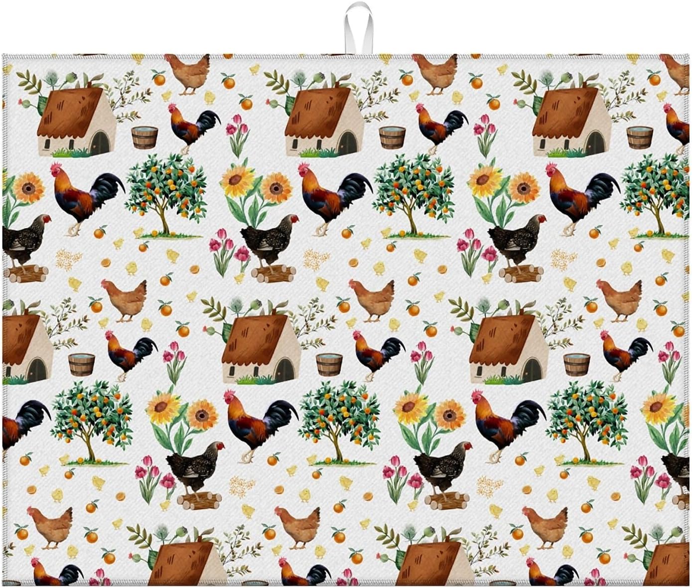 Dish Drying Mat For Kitchen Counter, Farmhouse Rooster Microfiber Absorbent Dish Drainer Rack Pad Reusable Large 18x24in Drying Mat