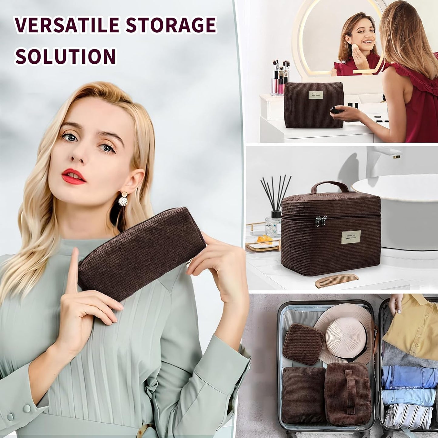 4 Pcs Makeup Bag for Women Corduroy Cosmetic Bag Aesthetic Cute Bags Multi Size Purse Pouch Travel Toiletry Bag Set Makeup Organizer with Zipper (BrownCorduroy)