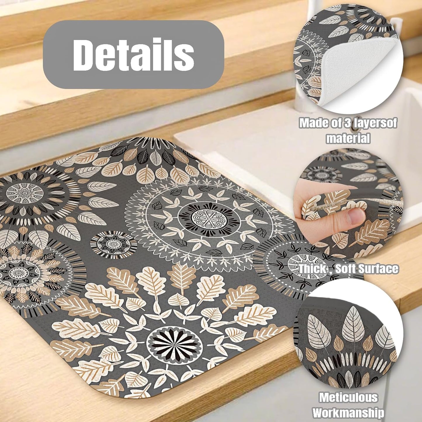 Dish Drying Mat for Kitchen Counter Large 18" x 24" Mandala Absorbent Microfiber Dishes Drainer Rack Mats Pad Reusable Washable