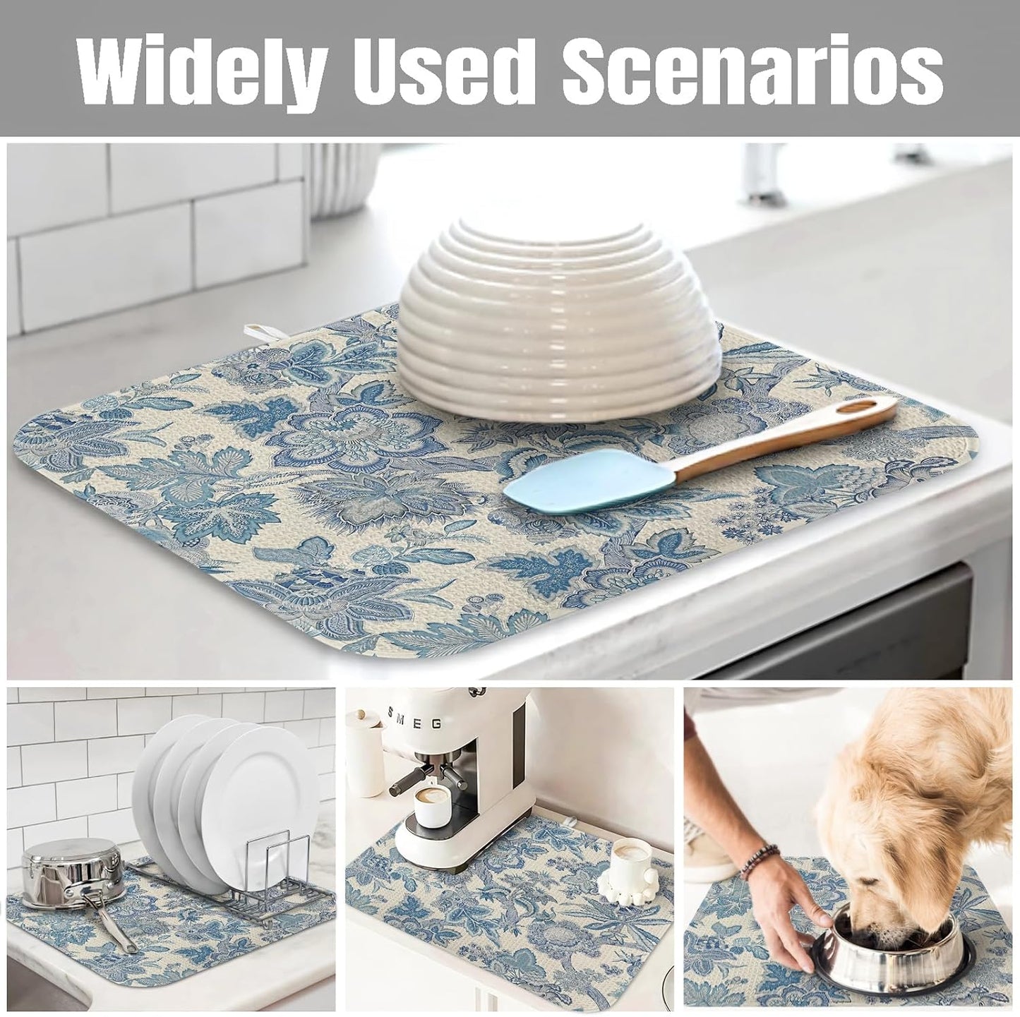 Dish Drying Mat for Kitchen Counter Large 18" x 24" Retro Blue Flower Absorbent Microfiber Dishes Drainer Rack Mats Pad Reusable Washable