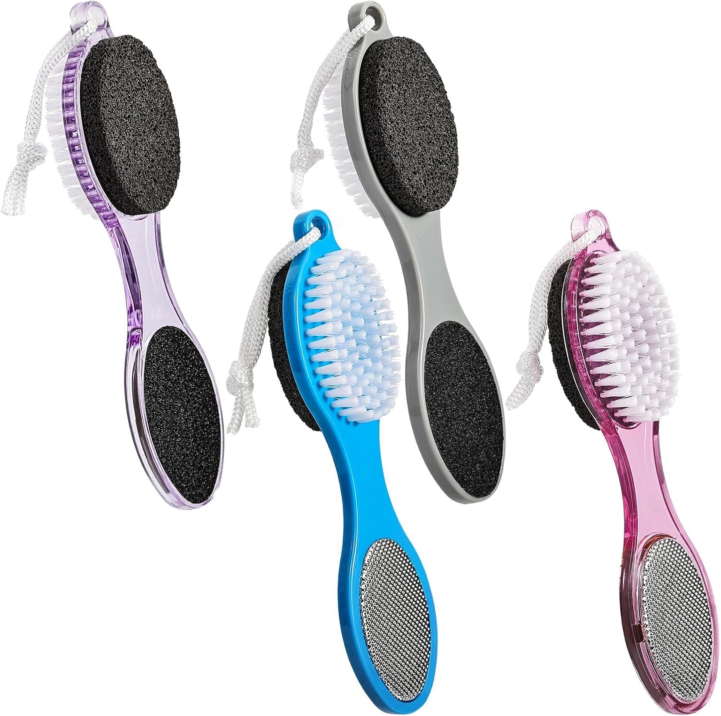 Pumice Stone Brush for Feet 4 in 1, Foot File Callus Remover, Foot Rasp and Sand Paper Pedicure Tools with Handle, Shower Foot Scrubber, Soft Smooth Feet for Home Foot Care,4 Pack