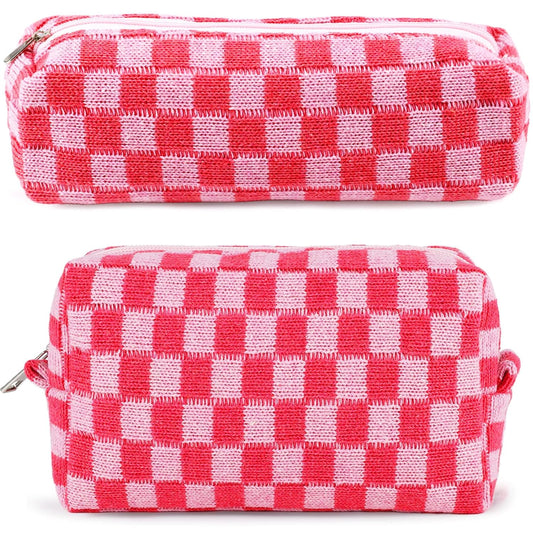 2Pcs Checkered Pencil Case Cute Pencil Pouch for Teens Checkered Makeup Bag Travel Cosmetic Bag Set Cute Makeup Pouch for Purse Portable Zippered Skincare Bags Preppy Toiletry Bags Organizer(Pink)