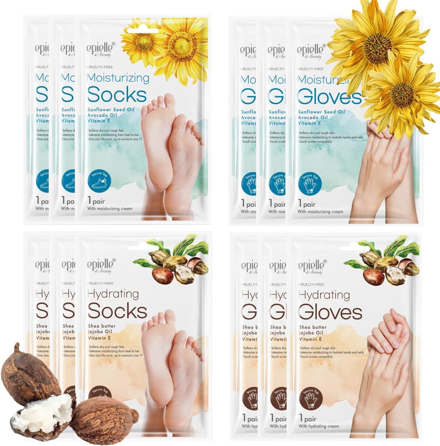 Epielle Hydrating & Moisturizing Hand & Foot Masks 12 Pairs, Relieve and Soften Dry Hands & Cracked Heels with Shea Butter & Sunflower Seed Oil, Korean Skin Care, Spa Set, Self Care Gifts for Women