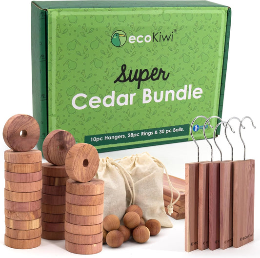 ecoKiwi Cedar Blocks for Clothes Storage Super Bundle Box - Cedar Hangers x10, Balls x30 & Rings x28-100% Natural Oil Planks & Chips for Closets & Drawers - Aromatic Red Cedar Wood with Sandpaper