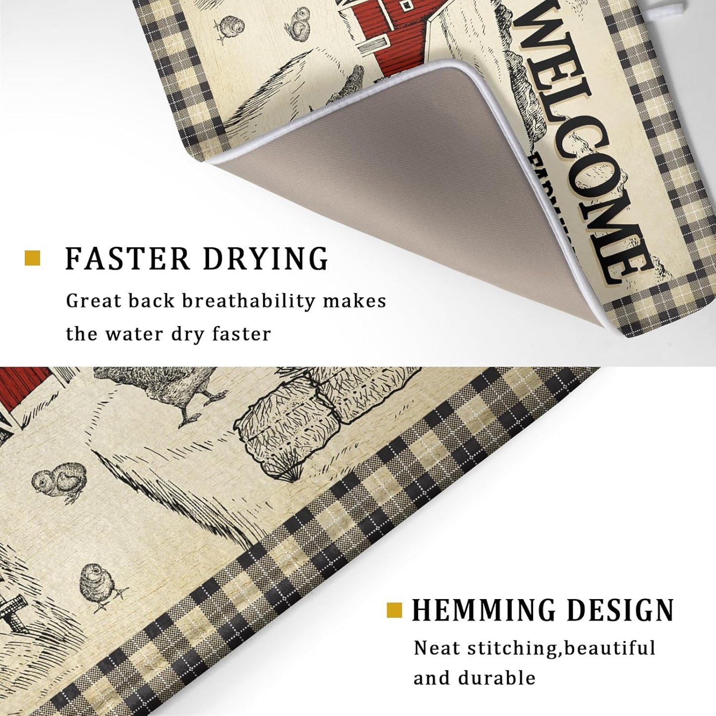 Farmhouse Rooster Dish Drying Mat 18x24 Inch Country Chicken Absorbent Dish Drainer Mat Reversible Countertops Protector Pad Kitchen Accessories