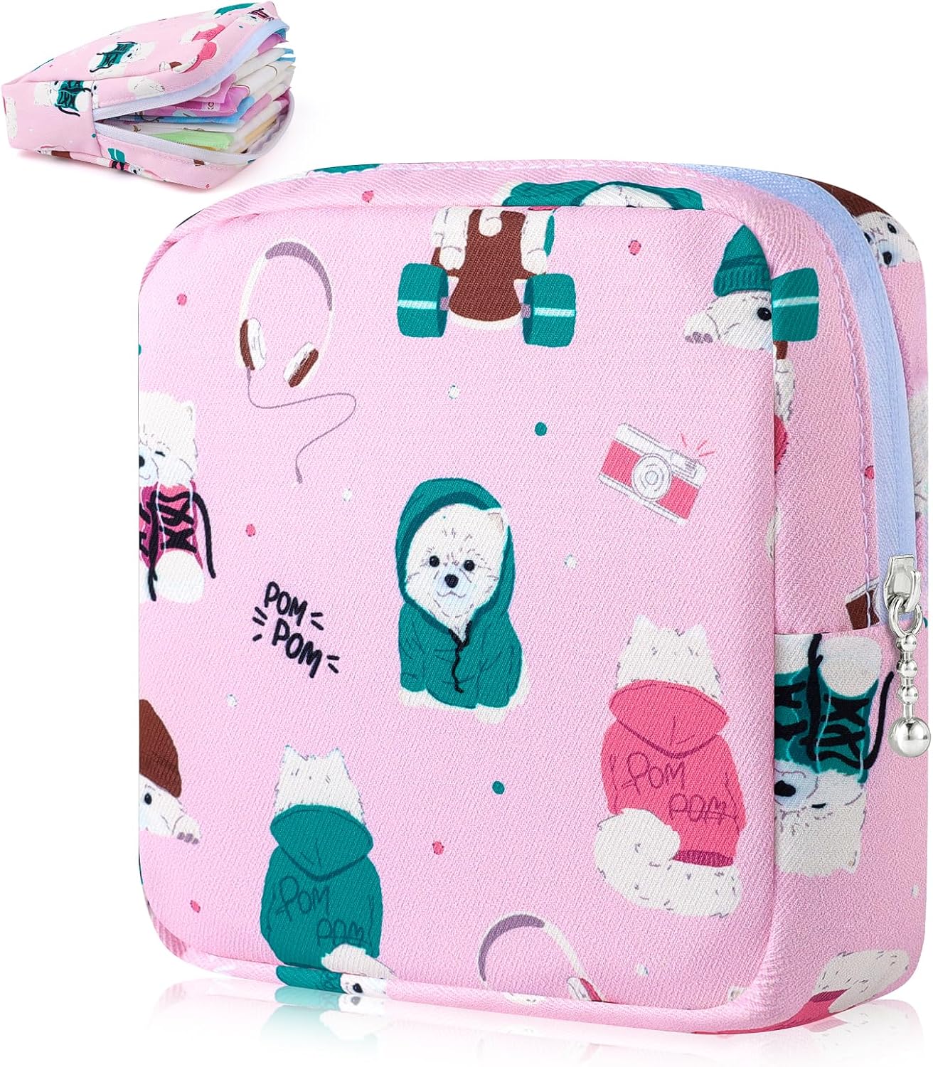 Desing Wish Sanitary Pad Storage Bag Portable Period Bag for Teen Pads/Sanitary Napkins/Small Tampons, Sanitary Napkin Storage Bag First Period Gifts for Teen Girls (Trend Music Dog)