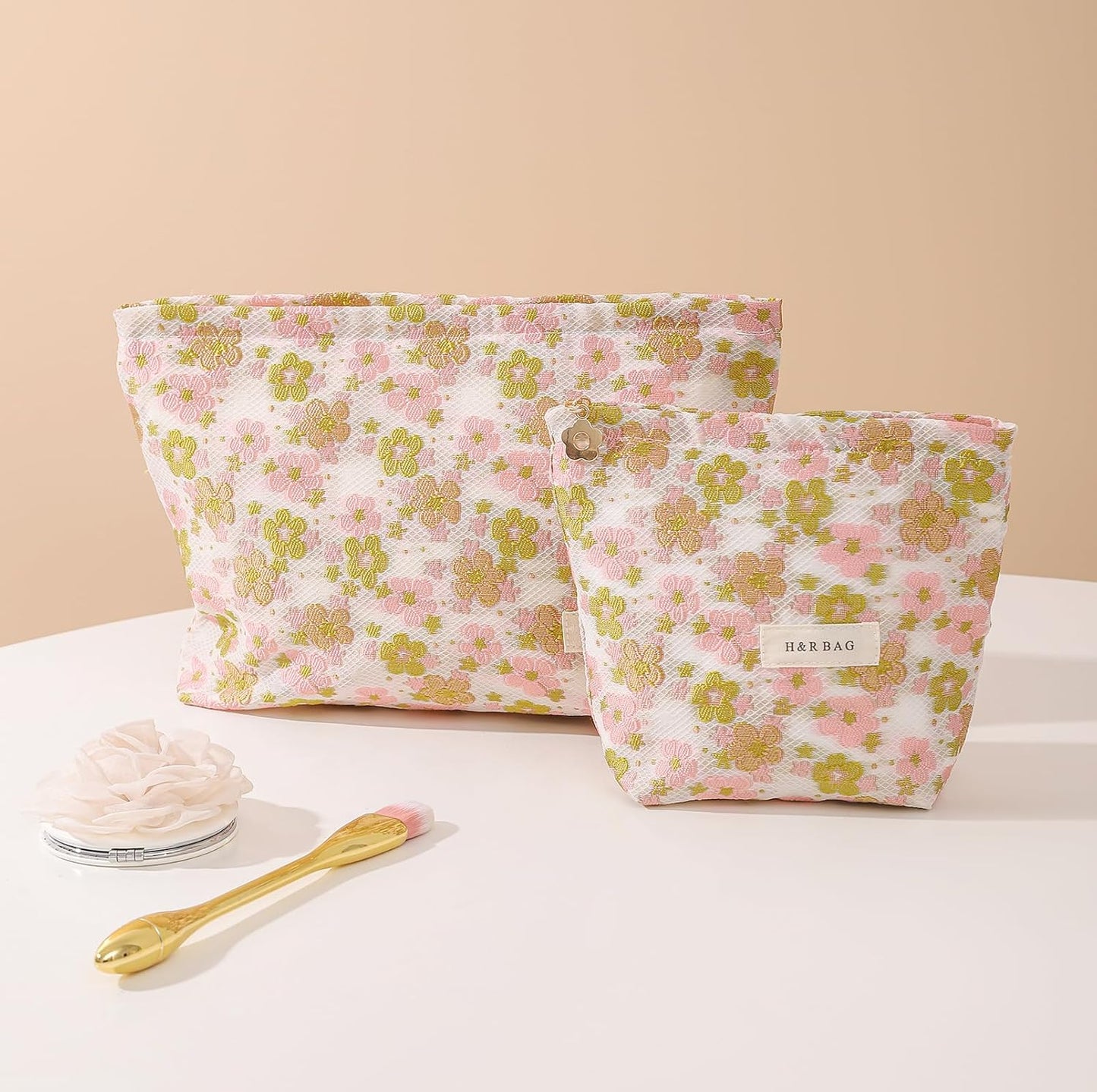 2 Pcs Makeup Bags, Large Cosmetic Bag Travel Toiletry Bag Organizer for Women, Embroidery Craft, Floral Makeup Bag Small Cosmetic Pouch Purse with Zipper Gifts for Girls Teen