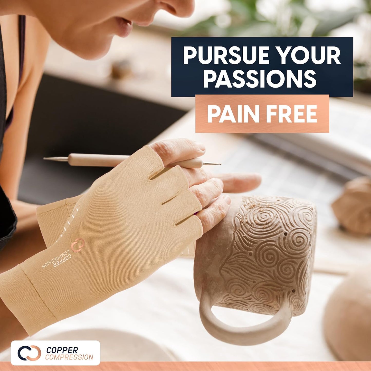 Copper Compression Arthritis Gloves | Fingerless Arthritis Carpal Tunnel Pain Relief for Men & Women | Hand Support Wrist Brace for Neuropathy, Rheumatoid, Tendonitis, Swelling, Crocheting, Typing Nude (XS)