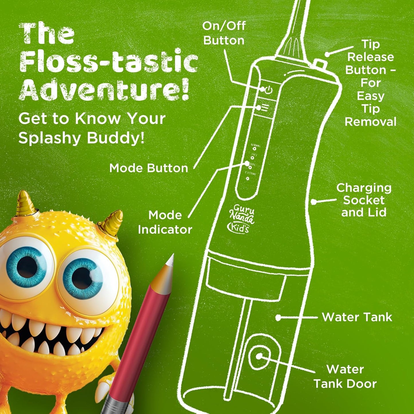 GuruNanda Kids Water Dental Flosser - 4 Flossing Modes, 4 Nozzles, 2-Min Smart Timer, Ages 6+, Monster Frens Theme, Portable Oral Care for Kids