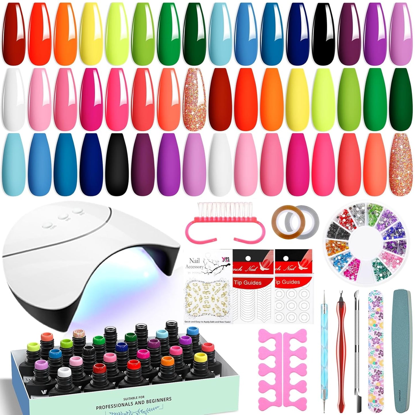 VANREESA 42 Pcs Gel Nail Polish Kit with U V Light 24 Colors Nail Polish Gel Kit Bright Red Orange Yellow Green Blue Purple Pink Complete Nail Kit with Manicure Tools Gifts for Women