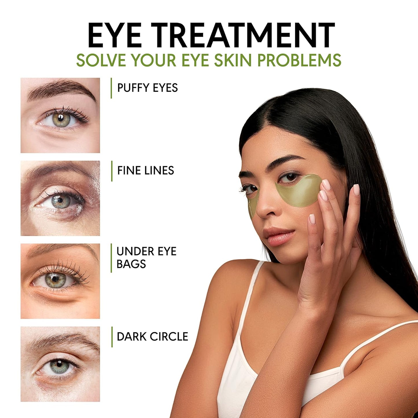 Green Tea Under Eye Patches for Wrinkles and Eye Bags - Eye Masks for Dark Circles and Puffiness with Collagen, Hyaluronic Acid - Under Eye Mask for All Skin Types, 30 Pairs