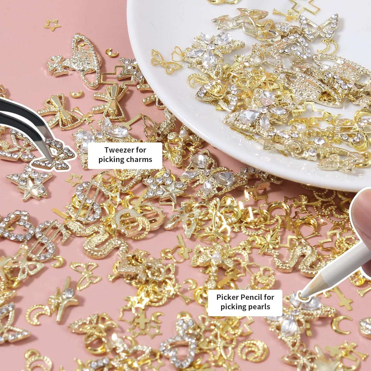 Artdone Nail Art Studs Kit, 3D Gold Cross Nail Charms and Diamond Butterfly Gems Bulk Nail Jewels Shiny Star and Moon for DIY Professional Manicures Decoration