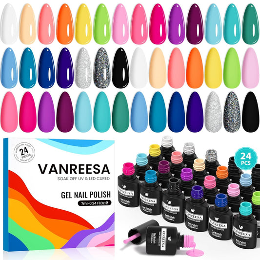 VANREESA 24 Pcs Gel Nail Polish Set, 21 Colors Gel Polish with Base Coat Glossy & Matte Top Coat Pink Orange Yellow Green Purple Blue Glitter Gel Polish Kit Nail Kit Gifts for Women Girls