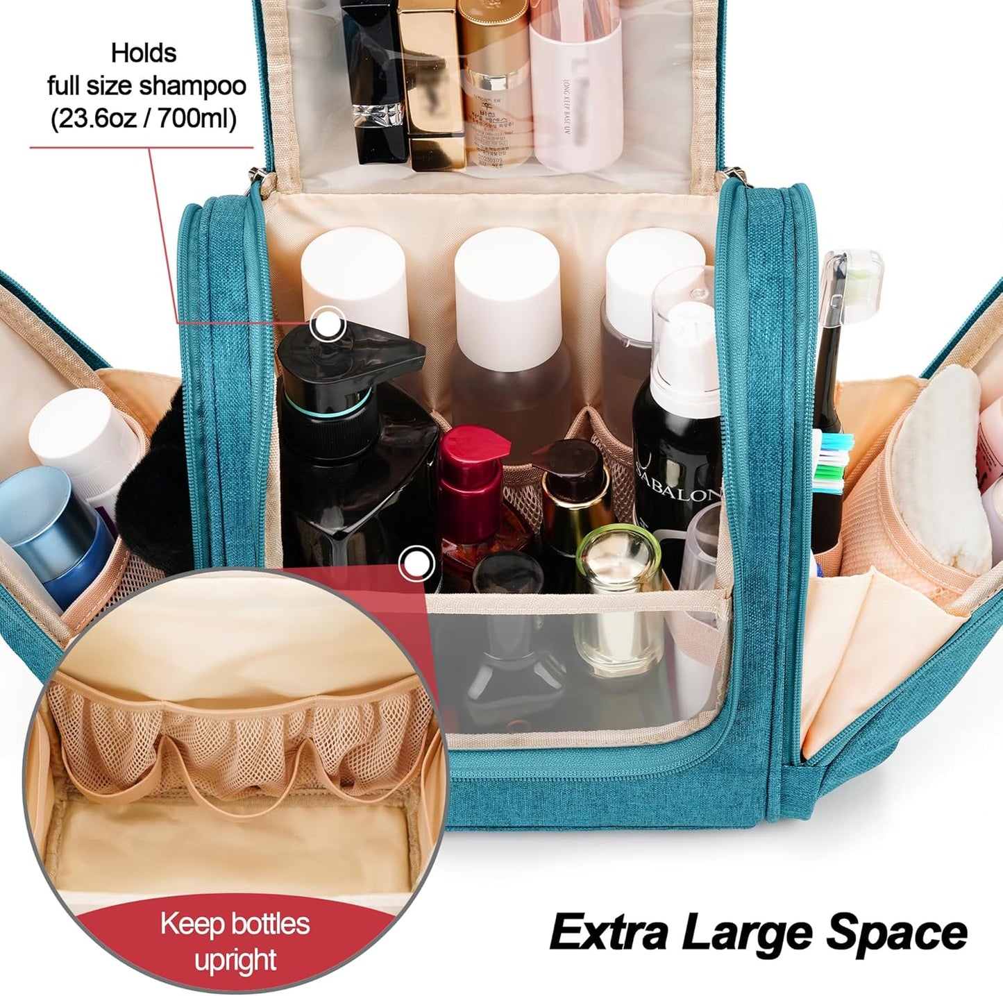Hanging Travel Toiletry Bag for Women and Men, 6 Organizer Compartments, Large Toiletries essentials, Bathroom Cosmetic Accessories, Water-resistant Makeup Bag, Holds Full-Size Shampoo, Blue