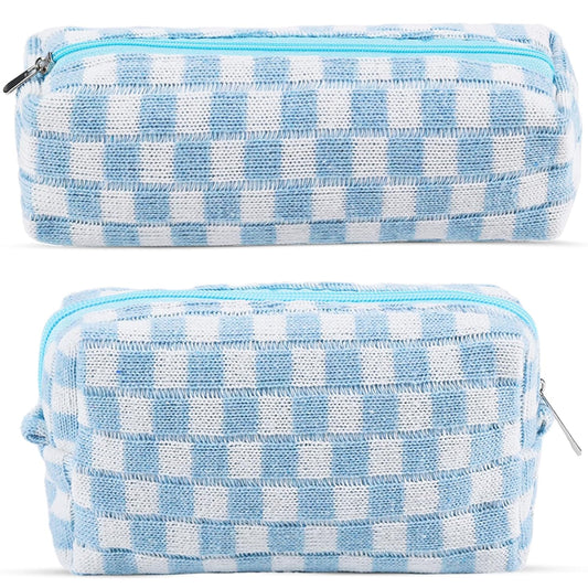 2Pcs Checkered Pencil Case Cute Pencil Pouch for Teens Checkered Makeup Bag Travel Cosmetic Bag Set Cute Makeup Pouch for Purse Portable Zippered Skincare Bags Preppy Toiletry Bags Organizer(Blue)