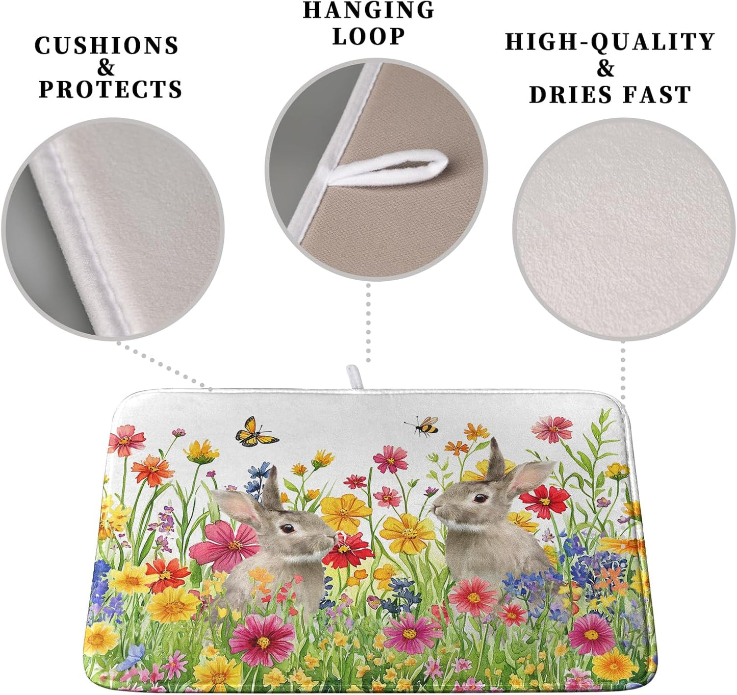 Easter Dish Drying Mat for Kitchen Counter Easter Bunny Flowers Dish Drying Pad Spring Rabbit Floral Dishes Drainer Mats Absorbent Microfiber Kitchen Countertop Protector Drying Mats 16x18 in