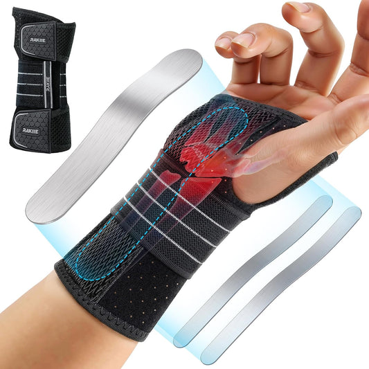 Carpal Tunnel Wrist Brace, Adjustable Night Wrist Support with 3 Metal Splints, Hand Brace for Men Women No Pressure on Thumb, Splint Stabilizer for Work, Gray Right Hand, Size S